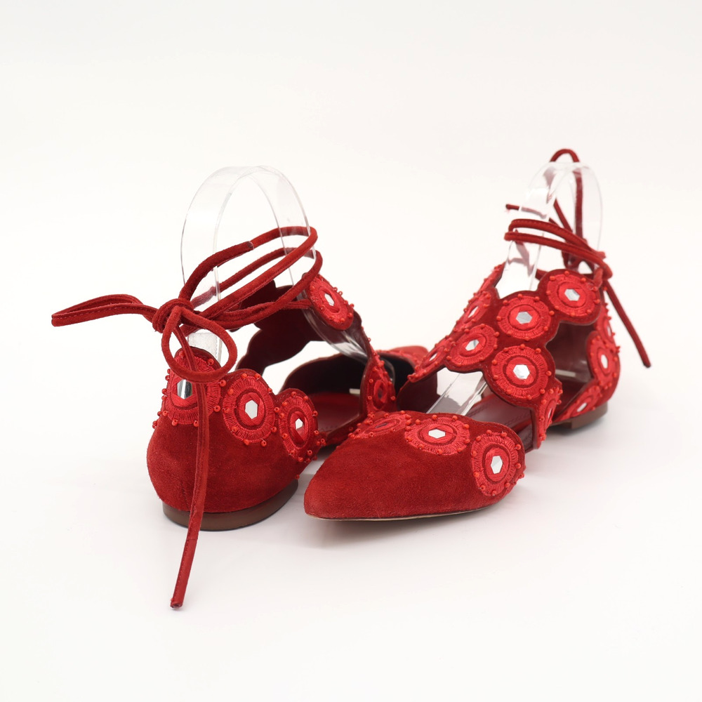 Tory Burch Sz 6M Suede Yasmin D'Orsay Point Toe Flat Red Embroidery Beads - Picture 4 of 11
